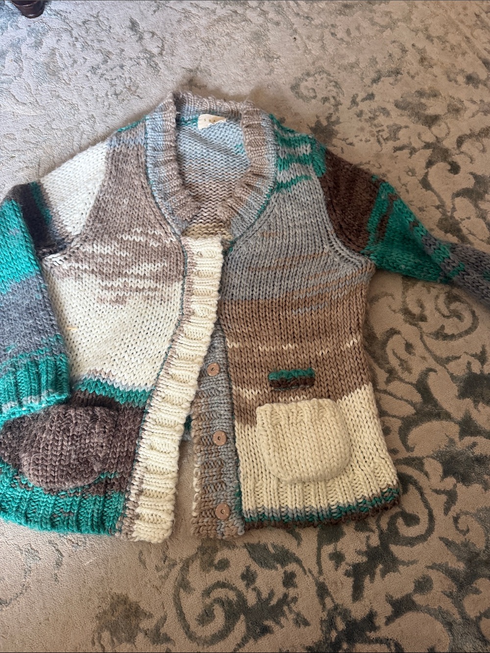 Chunky Colorblock Shawl Collar Cardigan Sweater - Teal, Cream & Brown
